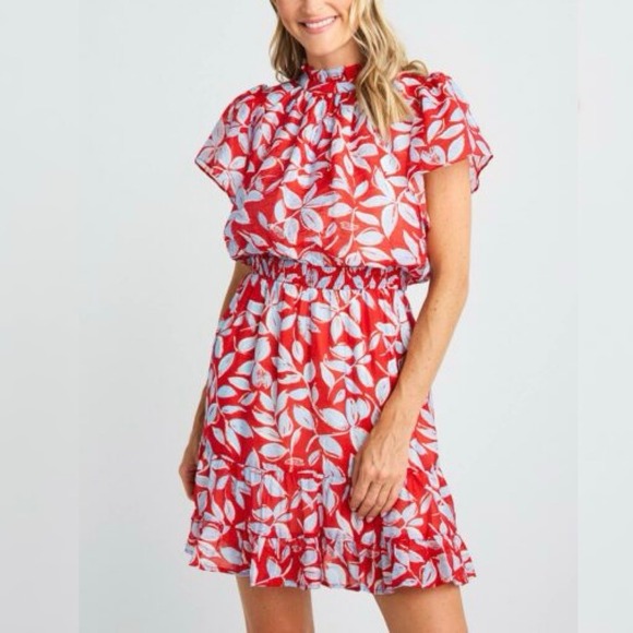 New THML Red & Blue Leaf Printed‎ Smocked Neck Ruffle Skater Dress Size Small - Picture 1 of 9